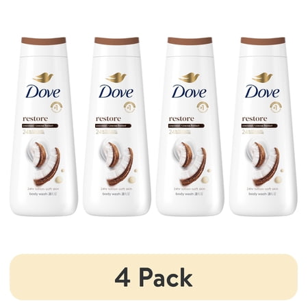 (4 pack) Dove Body Wash for 24hr Lotion-Soft Skin Restore Coconut & Cocoa Butter Moisturizing Skin Cleanser with No Sulfates No Parabens, 20 fl oz