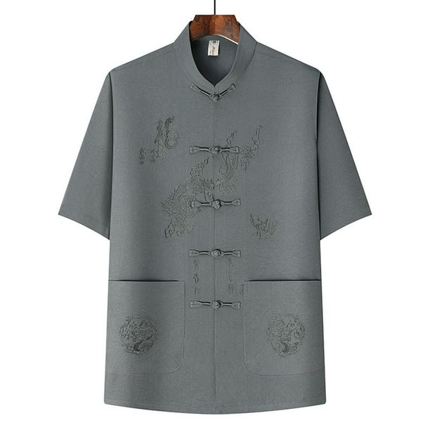 pstuiky Camisa de manga corta para hombre, Camisa informal de manga corta, cuello alto, lisa y cómoda para hombre camisas casuales para hombre xxl