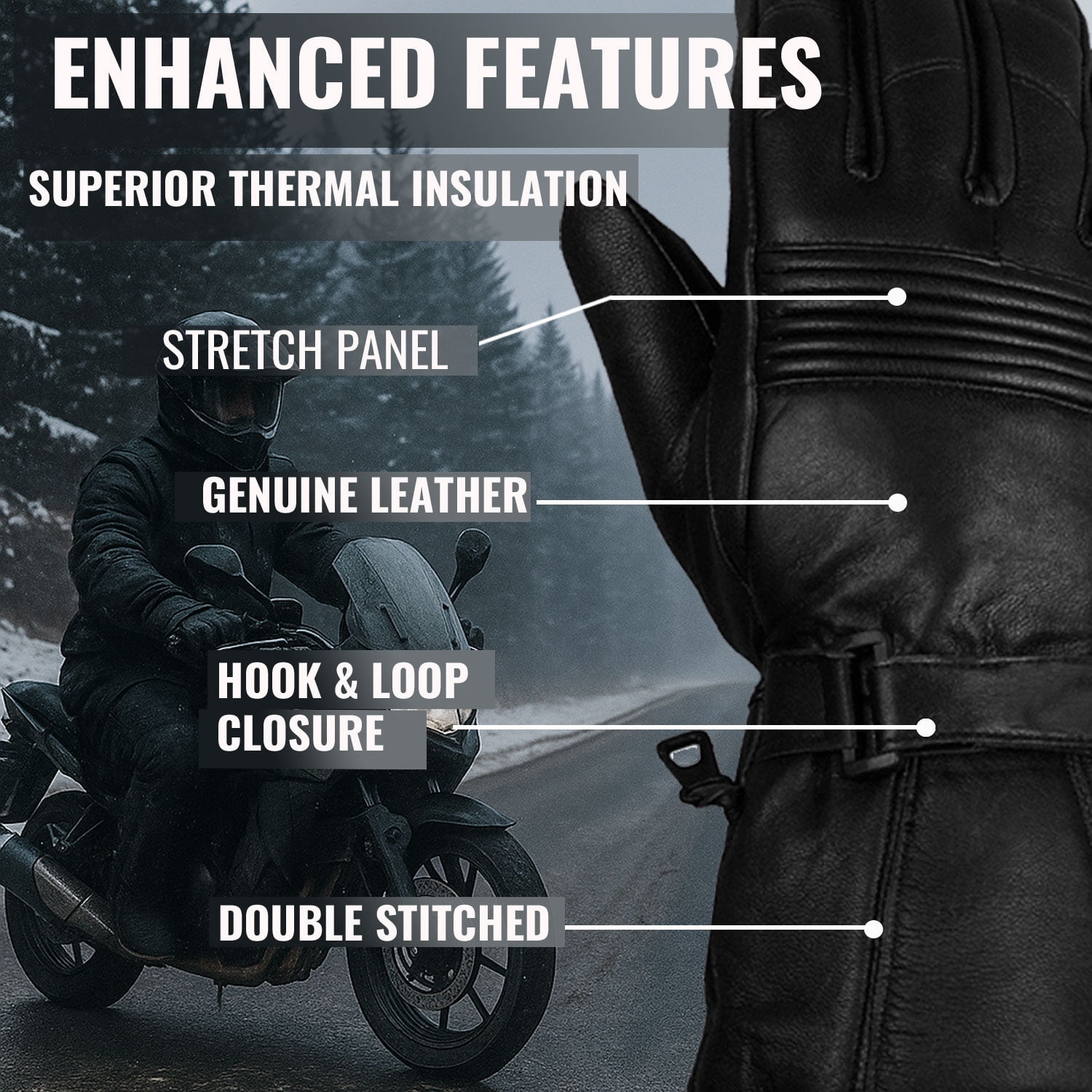 Jackets 4 Bikes Winter Motorcycle Gloves, Premium Biker Sheep Leather Thinsulate Warm Cold Weather Water Resistance Windproof Gauntlet for Men and Women Black L