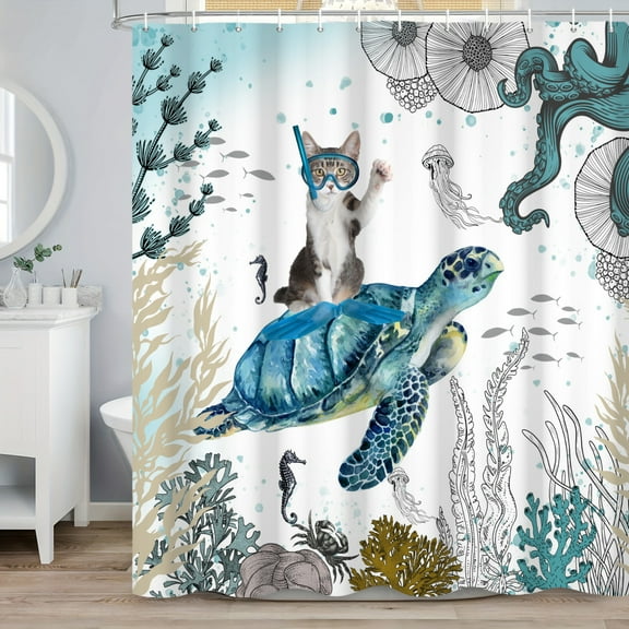 SUNOLIFE Sea Turtle with Cat Shower Curtain,Ocean Coastal Fabric Bathroom Curtain for Kids,72x72 in