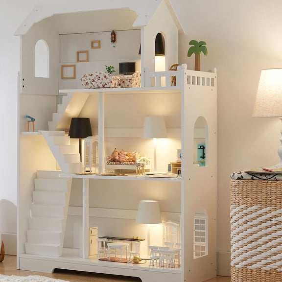 Kids Dollhouse Bookcase Toddler Doll House Bookcase Wooden Dollhouse Doll Cottage 3 Story Doll House Wooden Dollhouse Bookshelf 3 Tier Kids Dollhouse Bookcase For Children