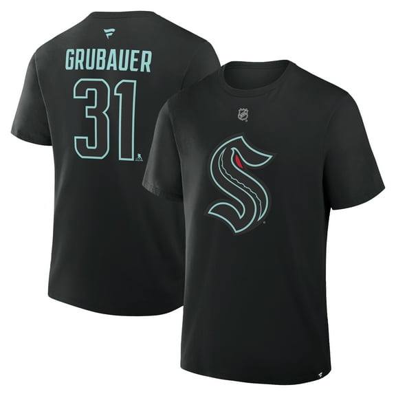 Men's Fanatics Philipp Grubauer Black Seattle Kraken Authentic Stack Name & Number T-Shirt