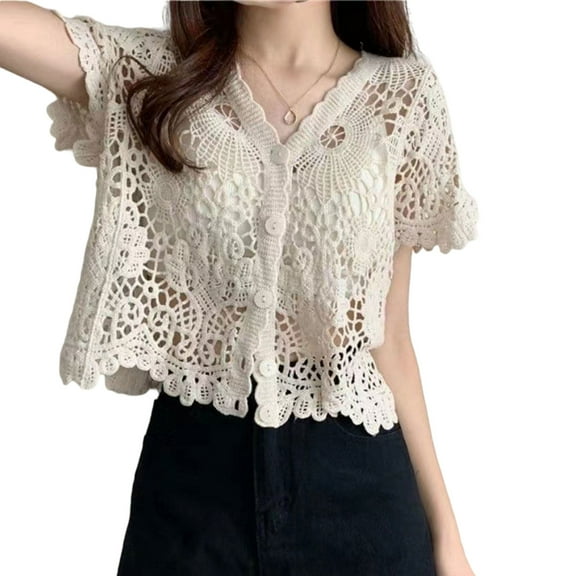 ZPAQI Women French Style Short Sleeve Lace Shrug Hollow Out Crochet Knit Bolero Cardigan V-Neck Button Down Sheer Crop Jacket