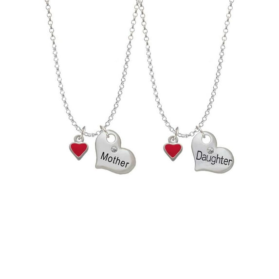 Delight Jewelry Silvertone Mini 2-D Red Heart Mother & Daughter Heart Necklaces (Set of 2), 19"+2"