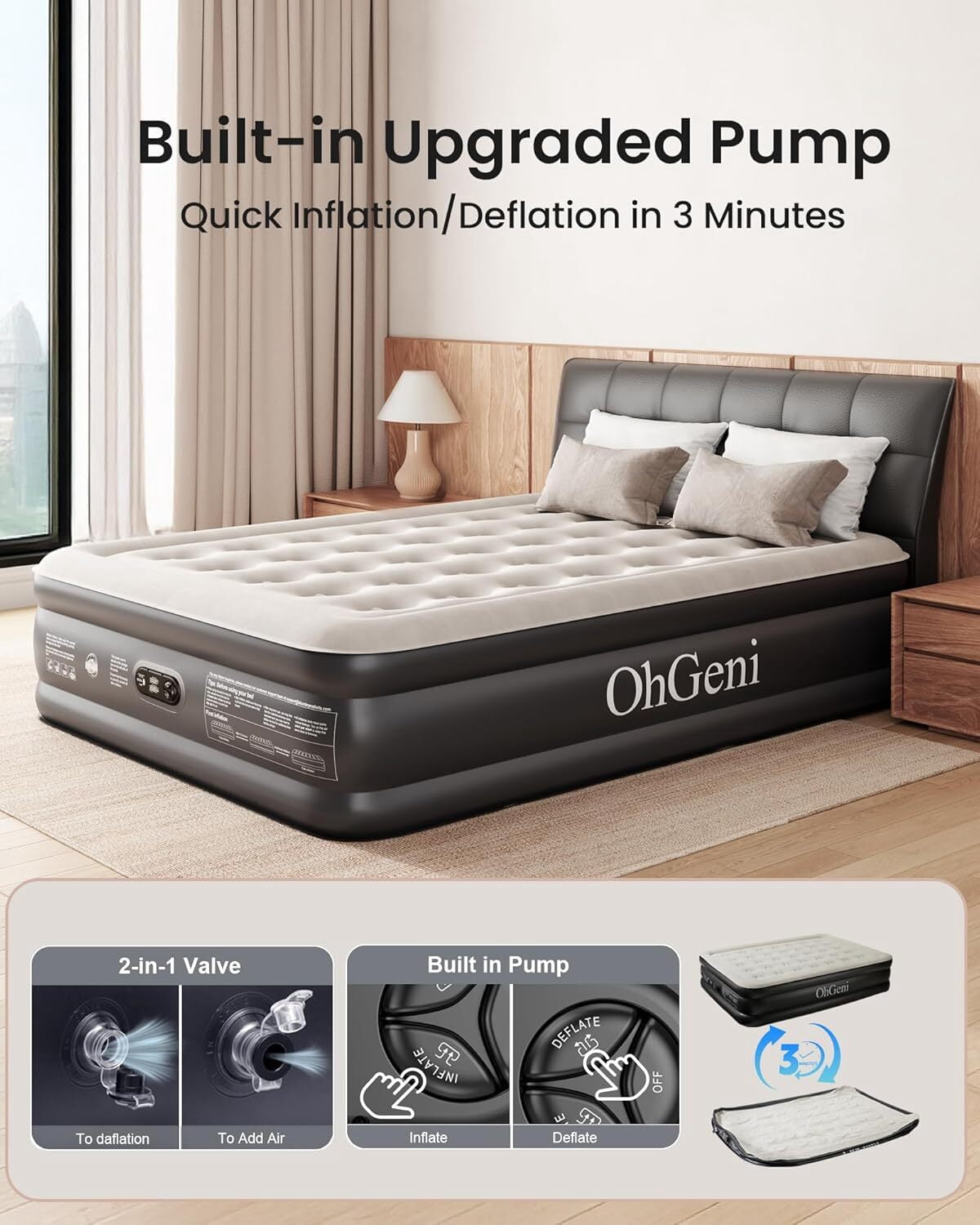 OhGeni Queen Air Mattress with Built in Pump, 18 Raised Blow Up Mattress, Low Noise Surface Portable Air Bed for Home and Guest, Inflatable Mattress, Black