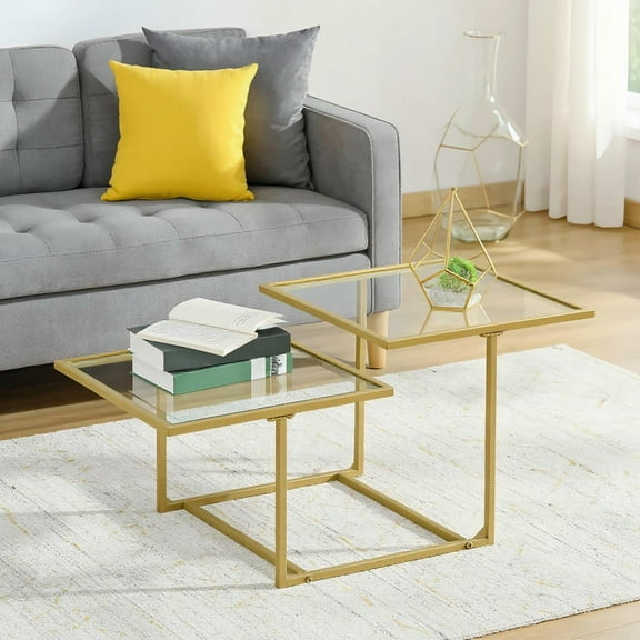 Resenkos Coffee Table, Tempered Glass Coffee Table with 2 Square Tabletops, Modern Coffee Tables, Adjustable Foot Pads, Assembly required, Gold