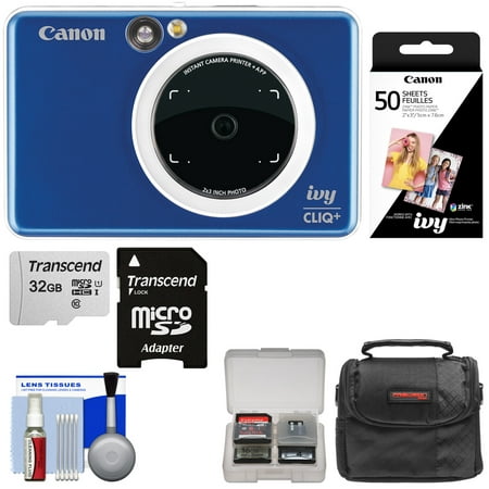 Canon IVY Cliq+ Instant Digital Camera Printer + App via Bluetooth (Sapphire Blue) with 32GB Card + 50 Color Prints + Case + (Best Time Card App)