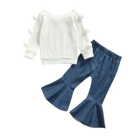 

2pcs Toddler Girls Fall Outfits Flared Pants Set Baby Long Sleeve Tops + Bell-bottom Clothes (Knitwear White + Jeans