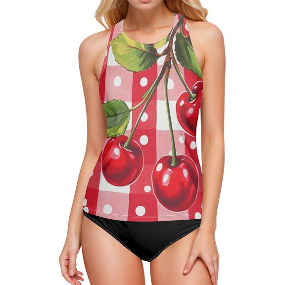 Women's Printed Tankini Top - High Elasticity Slim-Fit Swimsuit with Removable Straps & Cups, Perfect for Beach & Pool Parties，Cherries