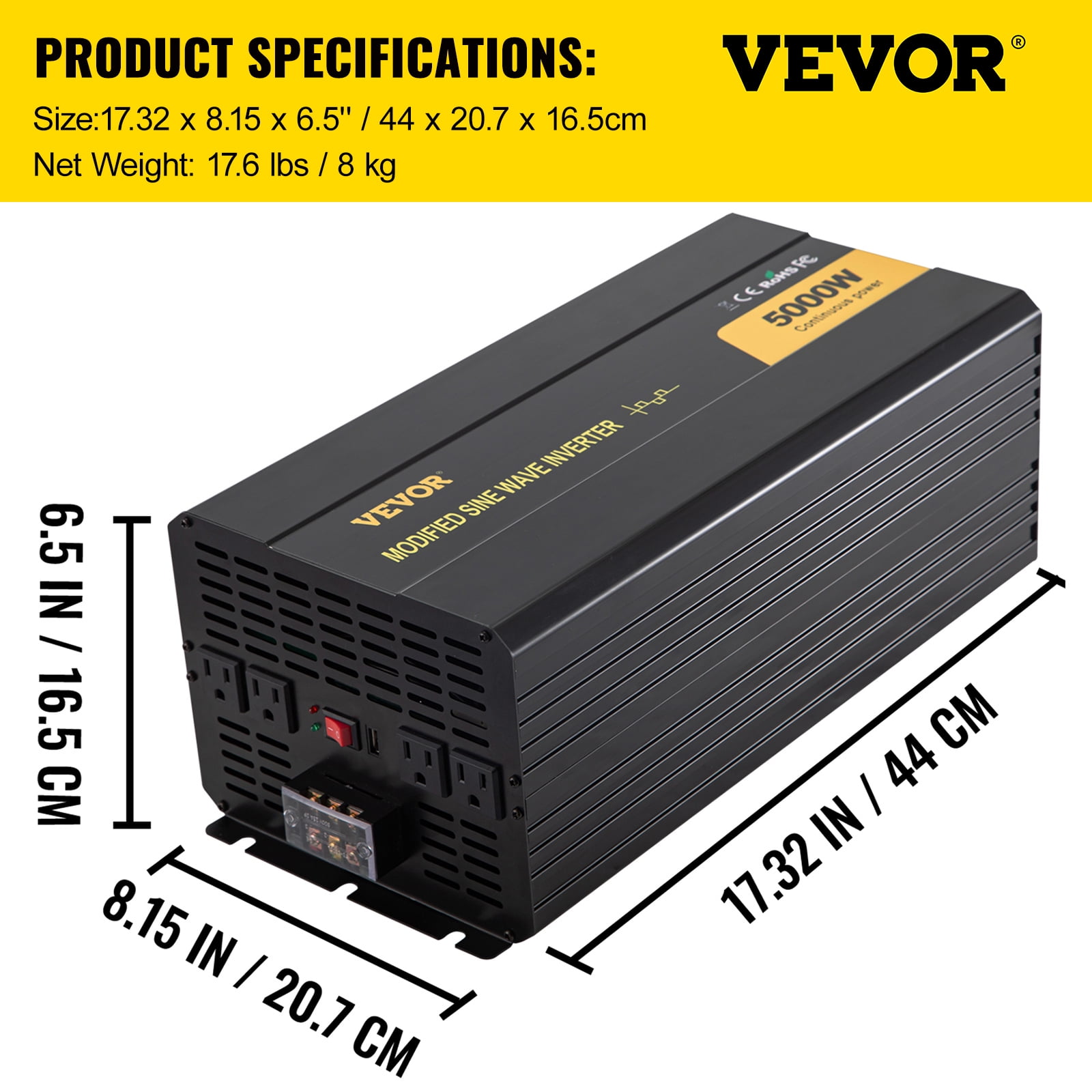 VEVOR Power Inverter 5000W Modified Sine Wave Inverter DC12V to AC120V Car Converter with USB Port LCD Display Remote Controller LED Indicator AC Outlets Inverter for Car RV Truck Boat Travel Camping