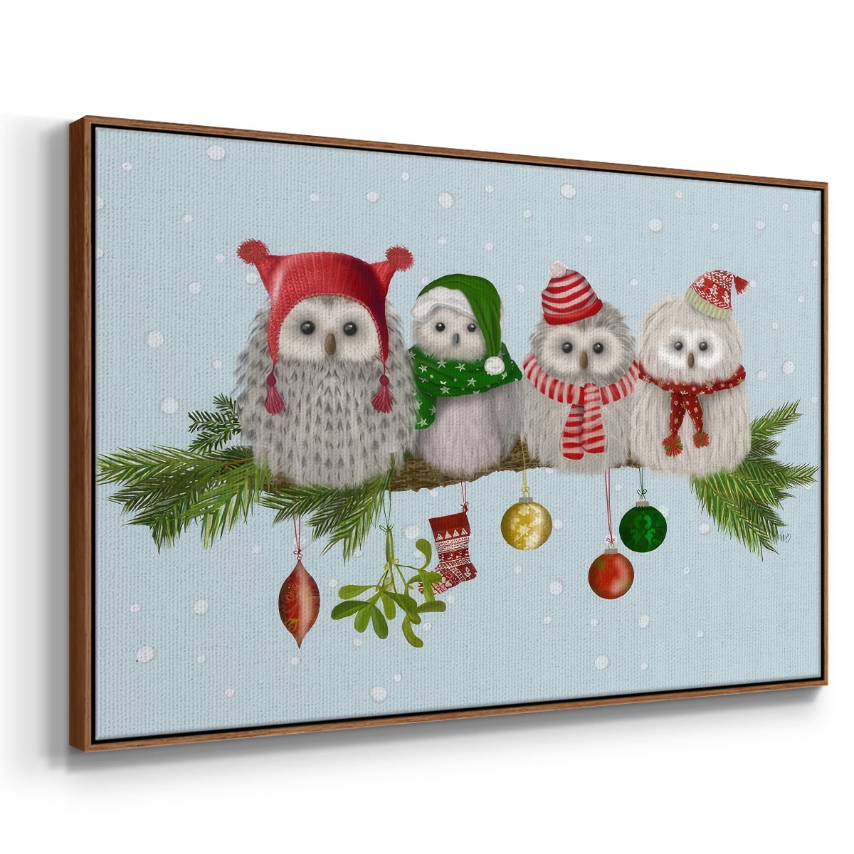 Christmas Fluffy Christmas Owls on Branch - Framed Gallery Wrapped Holiday Canvas - 17 x 25 - Rosewood Frame