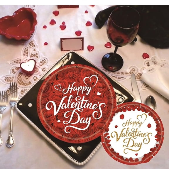 hulanddfd Valentine's Day Rose Tableware Set, 20pcs Paper Napkins Disposable Dinnerware for Wedding Birthday Holiday Party Supplies