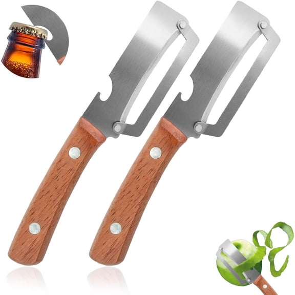 2PCS Multi-Functional Vegetable Peeler for Kitchen, Premium Vegetable Peeler with Wooden Handle and Bottle Opener for Fruit Veggie