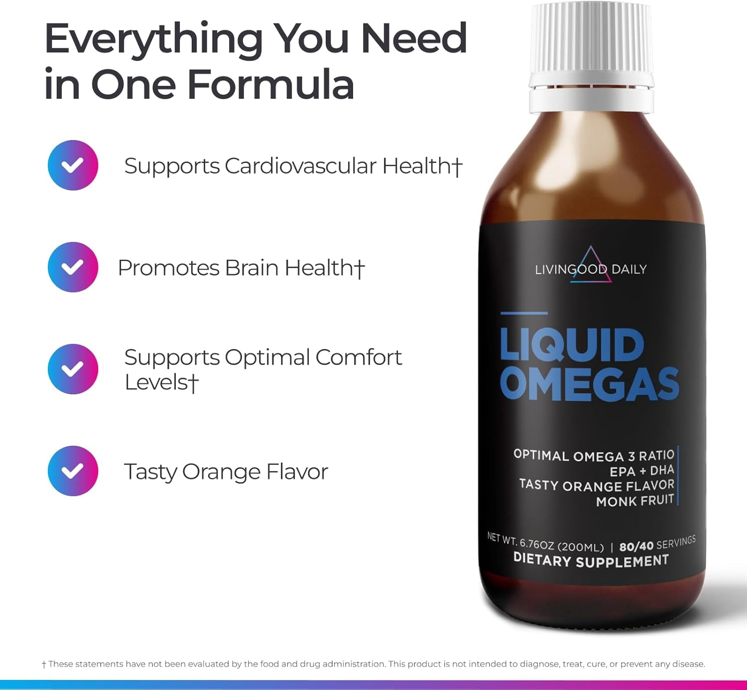 Livingood Daily Liquid Omega 3 Fish Oil, EPA & DHA Supplement with Monk Fruit & Orange Flavor, Supports Heart, Joint & Brain Health, Fish Oil for Men & Women, Non GMO, Gluten Free, 200 ML, 40 Serving
