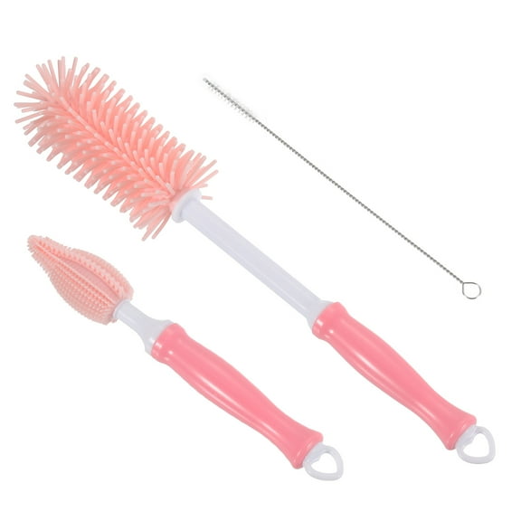 Uxcell Silicone Bottle Cleaning Brush, Set of 3 Long Handle Bottles Brush Cleaner Kit Multipurpose Water Cup Straw Cleaning Brush for Glass Vase Sports Bottle Flask, Pink