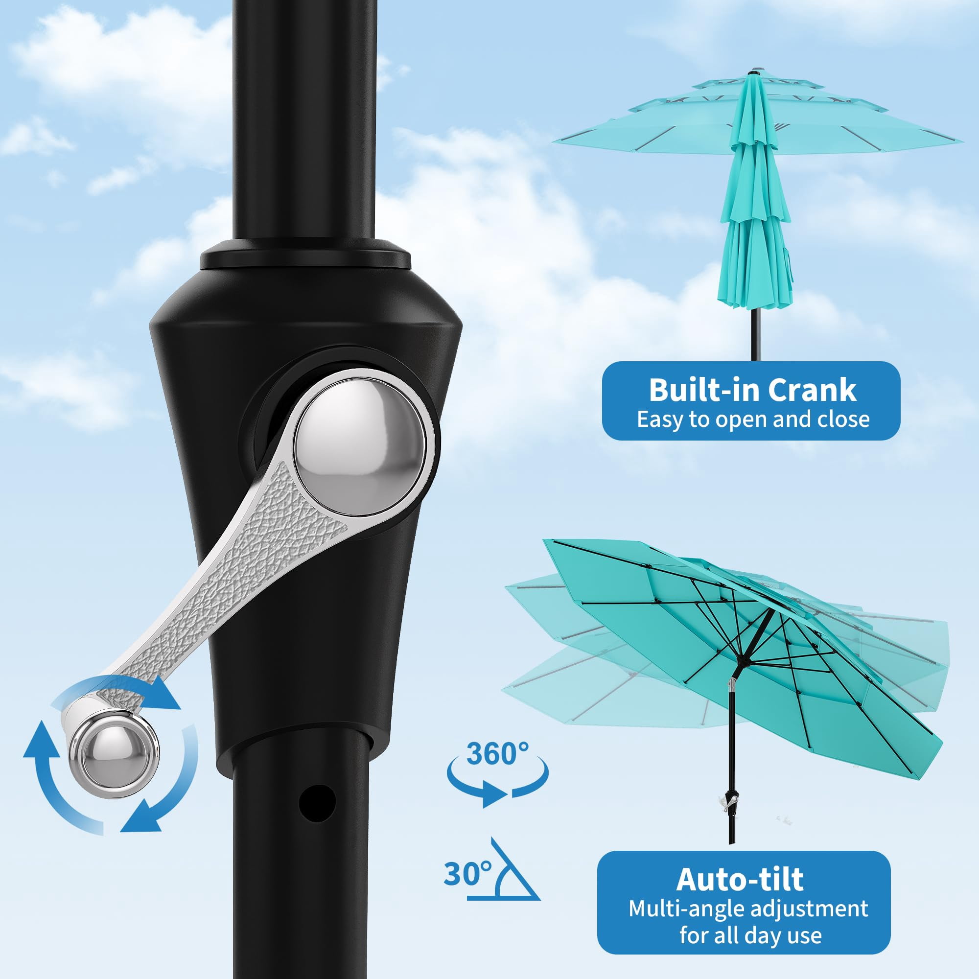 Memoryfield 9FT Outdoor 3-Tier Vented Market Table Umbrella, Heavy-Duty Patio Umbrella with 8 Ribs, Hand Crank & Ventilation, Blue