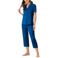 thumbnail image 4 of INSPIRE CHIC Women's Satin Pajama Set Short Sleeve Button Down Top & Capri Pants 2 Piece Loungewear Sleepwear L Dark Blue, 4 of 6