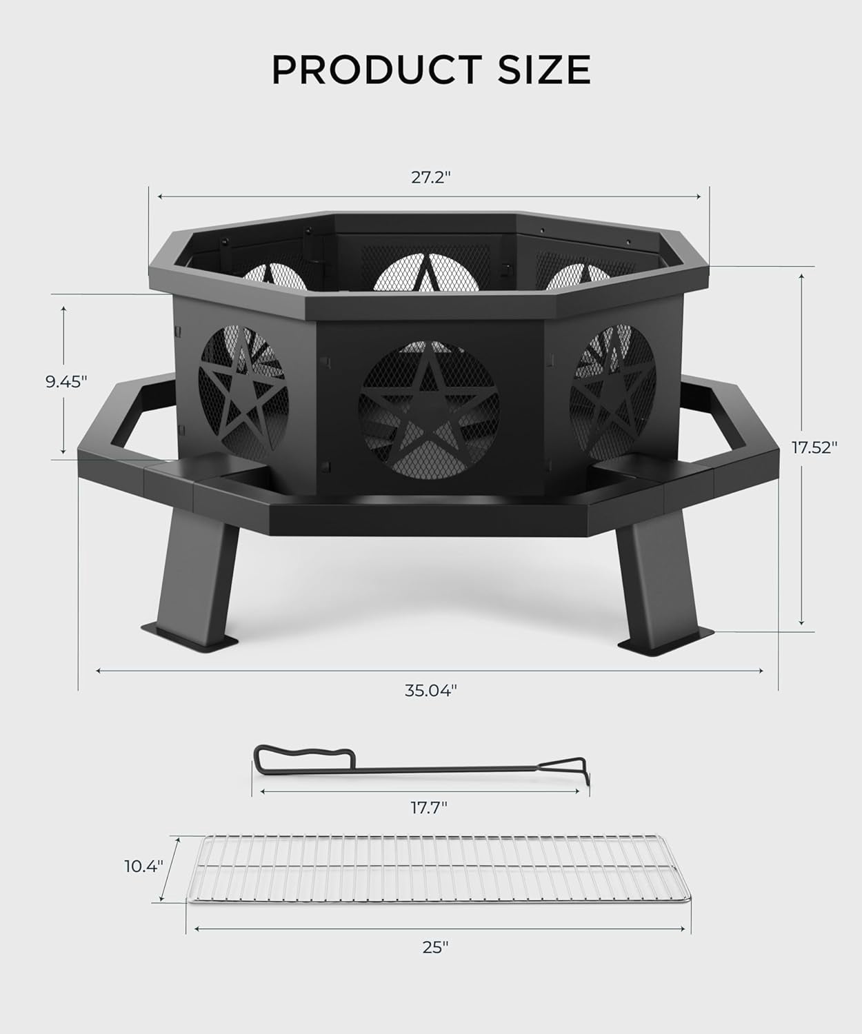 35 Inch Octagonal Fire Pit, Outdoor Wood Burning Fire Pit with Cooking Grill and Poker, Heavy Duty Large Firepit for Bonfire, Backyard, Patio, Picnic, Camping