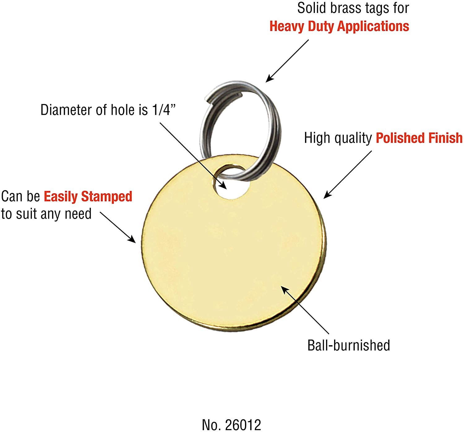 Lucky Line Solid Brass Tag - One Hole and 1-1/4 Inch Diameter, 100 Per Box 26012