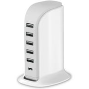 Charging Station for Multiple Devices 40W Upoy, Wall Charger Block 5 USB Ports(Shared 6A), USB Charging Hub Smart IC, Charger Tower with Type-C 3A for iPhone iPad Tablets Smartphones, Home Office Use