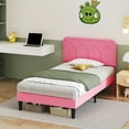 thumbnail image 2 of VECELO Twin Size Bed Frame with Adjustable Headboard, Upholstered Platform Bed Frame with Wooden Slats Support, No Box Spring Needed, Pink, 2 of 11