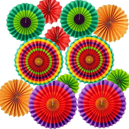 Set of 12 Vibrant Colorful Hanging Paper Fans Rosettes Party Decorations Fiesta Party Supplies Photo Props for Cinco De Mayo Carnival Mexican Kids Party Birthday Baby Shower, Multi-Color