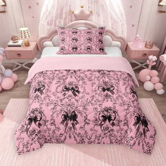 Erosebridal Dreamy Bow-Tie Twin Comforter Sets for Girls, Black Pink Bedding Set, Pink Reversible, 1 Comforter and 1 Pillowcase