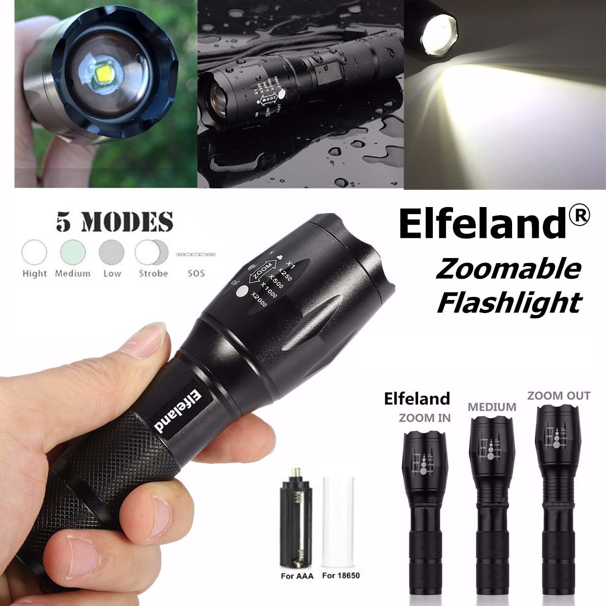 Adjustable Focus and 5 Light Modes for Camping Hiking Emergency Fenebort 6000 Lumens XML T6 Ultra Bright LED Flashlight