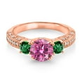 thumbnail image 2 of Gem Stone King 18K Rose Gold Plated Silver Pink Moissanite Green Nano Emerald and White Moissanite Engagement Ring for Women (1.88 Cttw, Gemstone, Round 7MM and 4MM, Size 7), 2 of 3