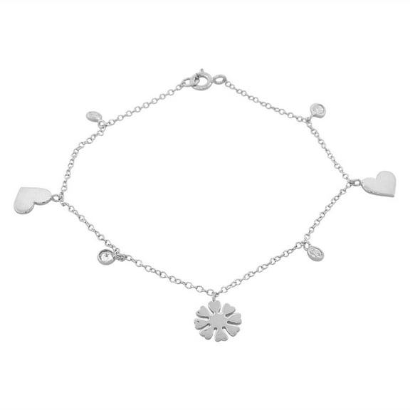 925 Sterling Silver White CZ Love Heart Flower Womens Girls Link Chain Bracelet