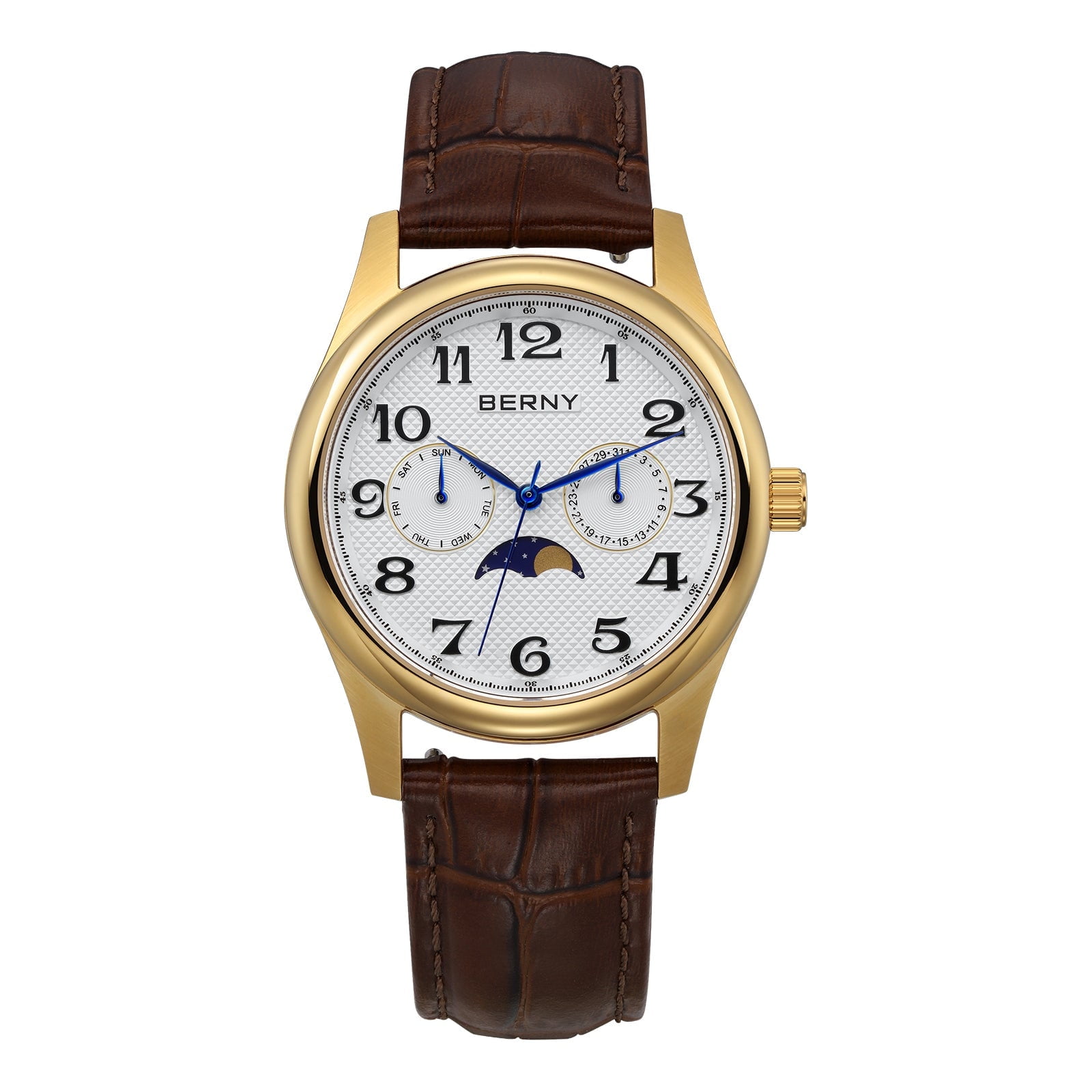 BERNY Dress Watches for Men, MultiFunction Leather Watch with Moon Phase, Day & Date Calendar, Stainless Steel Case, Easy to Read, Waterproof, Classic Analog Quartz Wrist Watch (Gold)