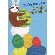 Designer Greetings Brown Sloth Hugging Green Egg on Stack of Eggs Juvenile Easter Card for Great-Grandpa