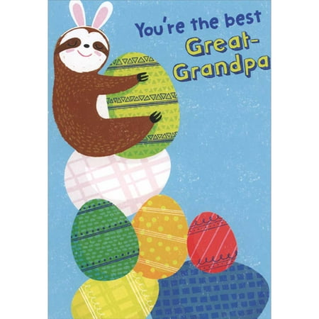 Designer Greetings Brown Sloth Hugging Green Egg on Stack of Eggs Juvenile Easter Card for Great-Grandpa