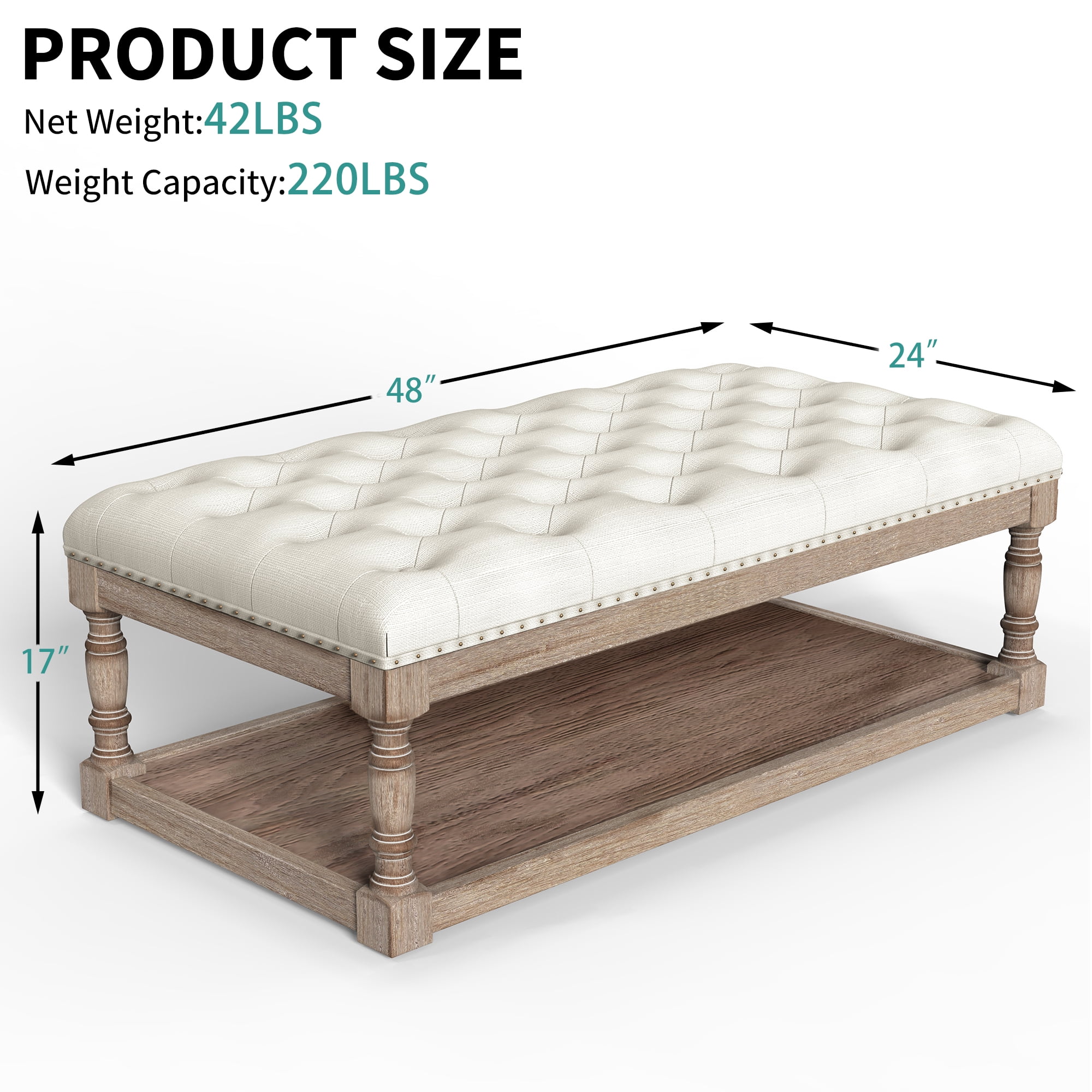 Rectangular Upholstered Tufted Linen Fabric Ottoman Bench,Padded Bench with Solid Wood Shelf-Linen,Comes with Storage,Coffee Table,Tufted Living Room Design