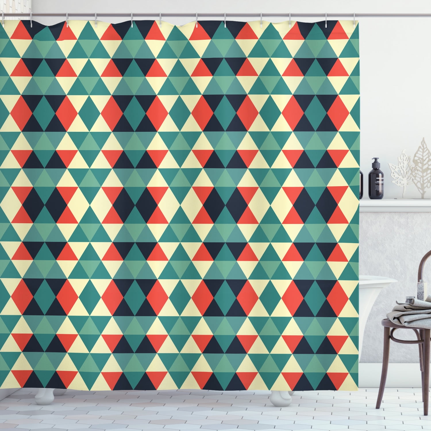 Geometric Shower Curtain, Vintage Rhombus Pattern with Small Triangles