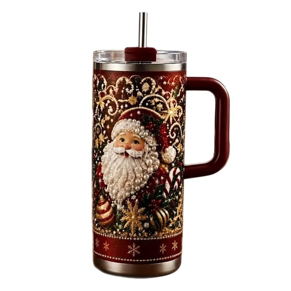 Festive Insulated Stainless Steel 40oz Santa Handle Tumbler, Leakproof Holiday Coffee Water Travel Cup