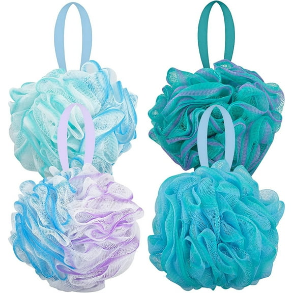 Casewin Bath Shower Loofah Sponge 75g Bath Mesh Pouf Shower Ball Body Scrubber Exfoliating Bath Sponge for Women and Men, Set of 4, Flower Color