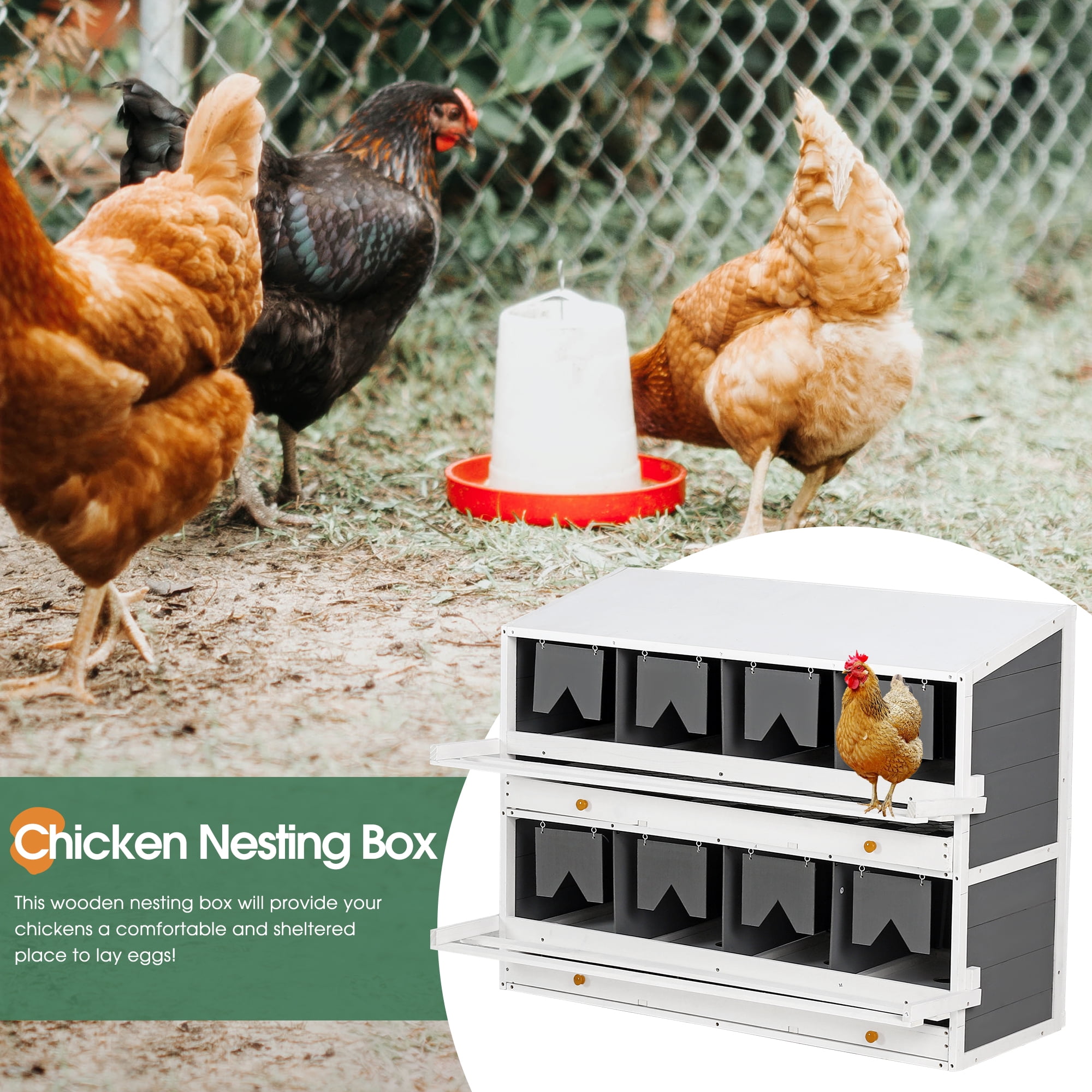 Pefilos 47" Wood 8 Compartments Egg Laying Boxes for Hens, Chicken Nesting Box for Laying Eggs with 2 Roll Out Egg Collection Drawers, Gray Pefilos 47" Wood 8 Compartments Egg Laying Boxes for Hens, Chicken Nesting Box for Laying Eggs with 2 Roll Out Egg Collection Drawers, Gray
