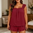 thumbnail image 5 of TEAJOPSUU Womens Plus Size Summer Pajama Set Comfy 2 Piece Loungewear Sleeveless Ruffle Trim Sleepwear Solid Round Neck Top and Pull On Shorts with Pockets Burgundy, 5 of 8
