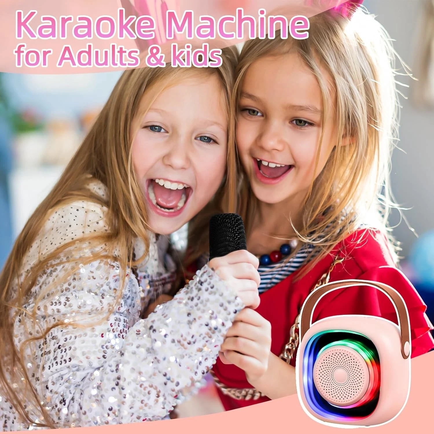 Kids Karaoke Machine with 2 Microphones, Mini Bluetooth Speaker, LED Lights Gift