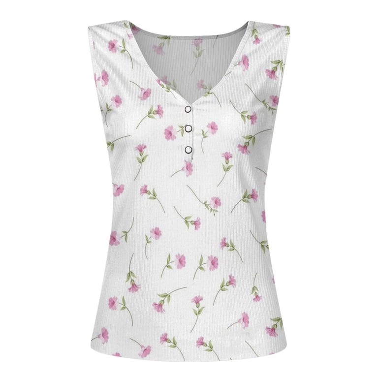 Women Tank Tops Floral Print V Neck Button Front Ribbed Knit
