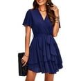 thumbnail image 2 of YNIQUE Women's Casual Dress V-Neck Short Sleeve Waist Tie Ruffle Chiffon Elegant Short Dresses, 2 of 7