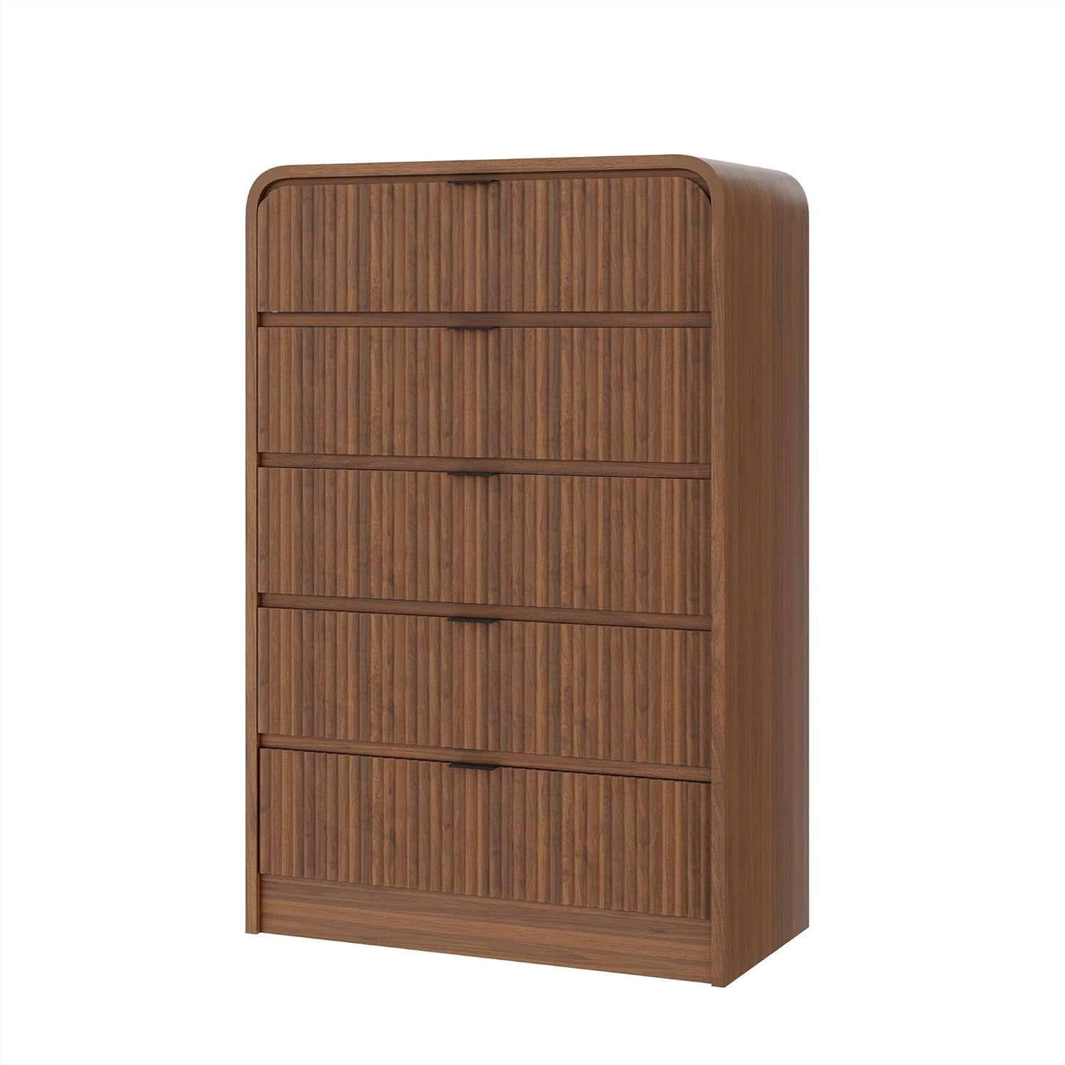 Fluted 5-Drawer Tall Dresser, Walnut Wood Chest with Rounded Edge for Bedroom, Living Room, Hallway