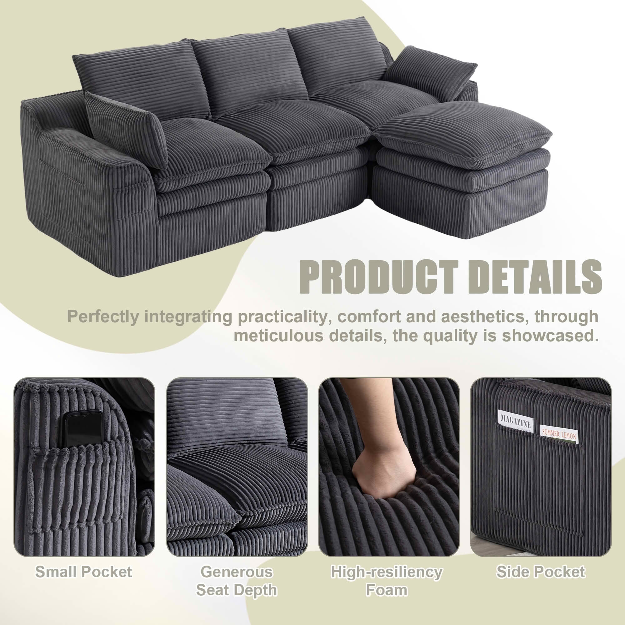 MAYEERTY Modular L Shape Corduroy Sectional Sofa, Compressed Boneless Cloud Couch with Footstool & Pillows for Small Living Space