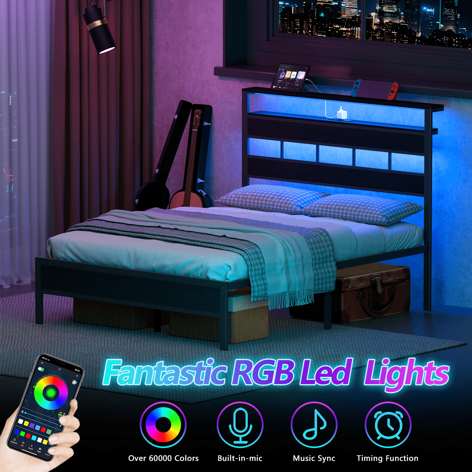 Glozzt Full Size Bed Frame with Upholstered Storage Headboard and LED Light, Platform Bed with Metal Slats, Noise Free Design