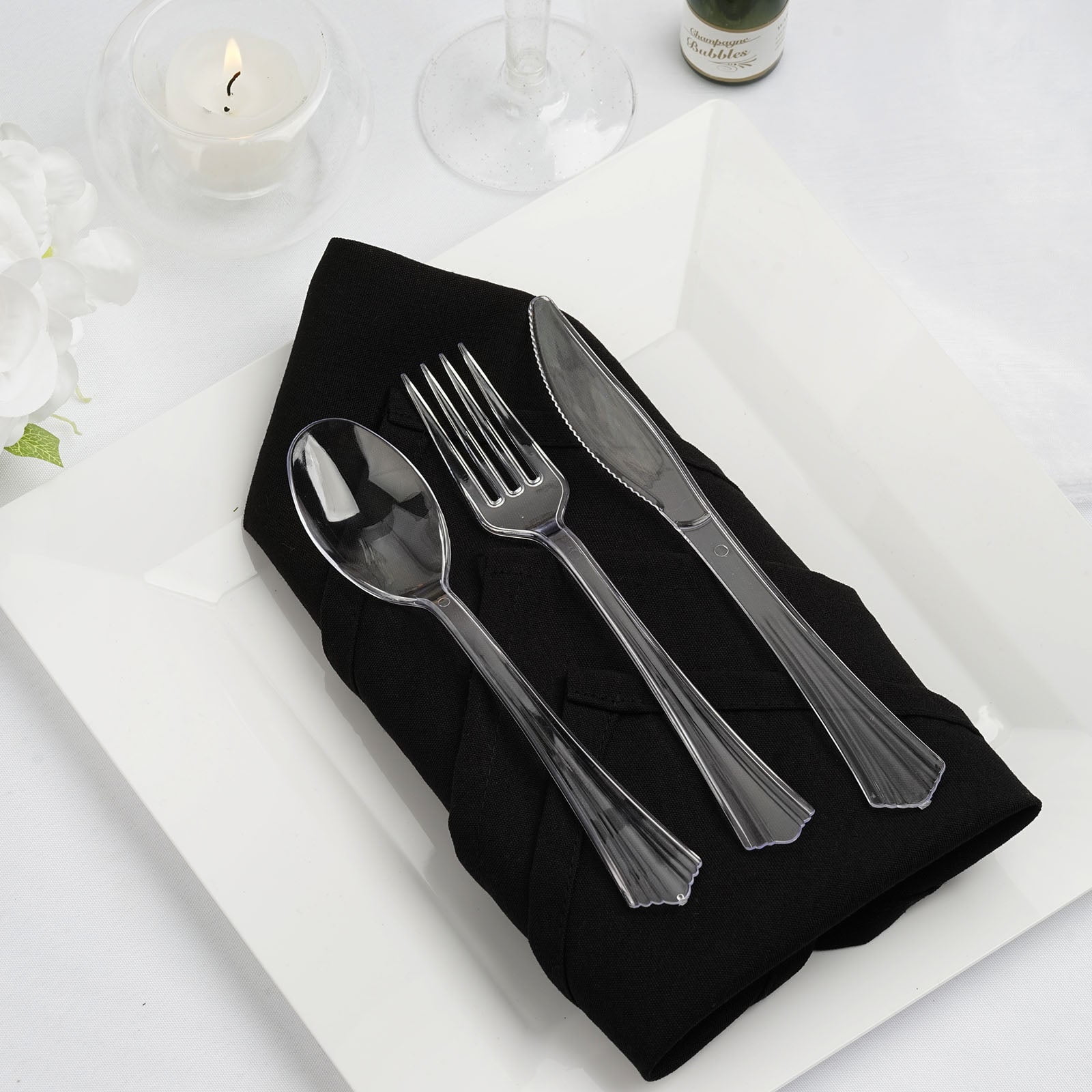 Efavormart 75 Pack Silver 7' Disposable Plastic Cutlery Set Classic Crystal Design Disposable Flatware