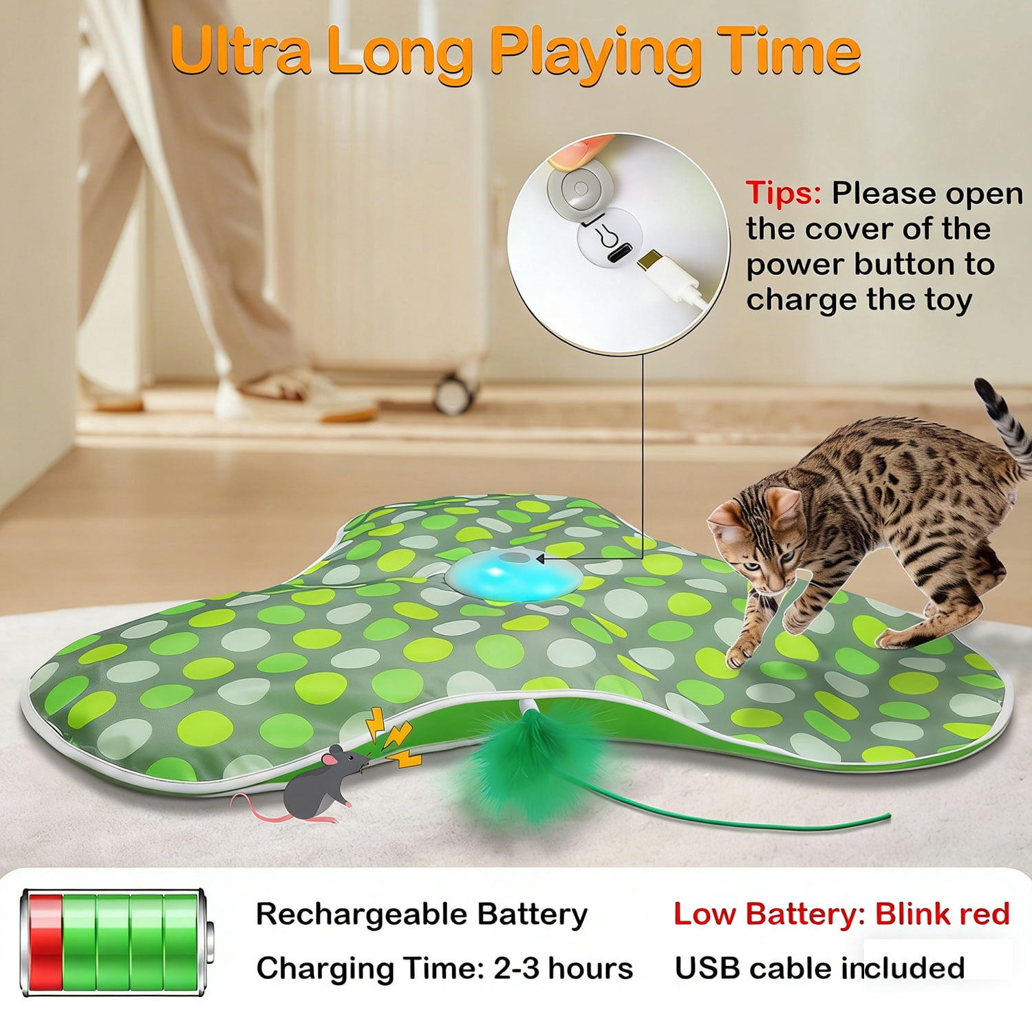 iFCOW Interactive Cat Toys for Indoor Cats Rechargeable, Hide and Seek Interactive Toy with Moving Concealed Feathers, Real Mouse Squeaky, Boredom Relief for Indoor Bored