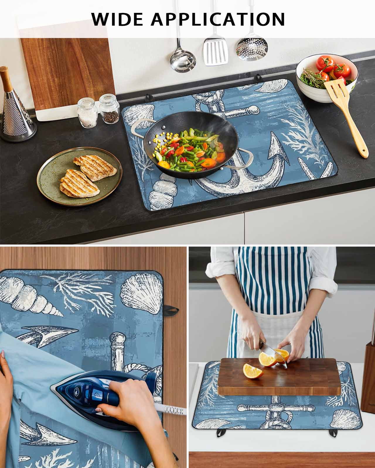 nqOlkjepod Large Induction Cooktop Protector Mat 36"x21", Blue Nautical Anchor Stove Top Covers for Electric Stove, Summer Coastal Ocean Coral Stove Burner Cover Mats, Glass Top Stove Cover
