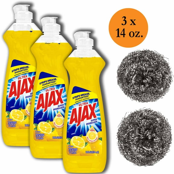 Ajax Dishwashing liquid soap Lemon Scented Super Degreaser Dish Detergent, 3 bottles of 14 Oz. each [Total of 42 Oz.] and 2 compatible Sparklen Stainless Steel Wool Pot Scrubbers