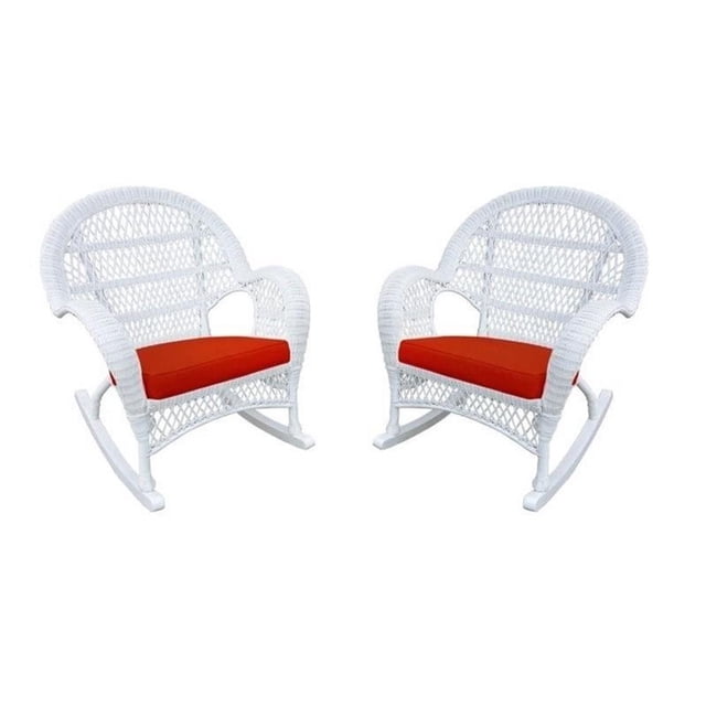 Jeco Chaise Berçante en Osier Blanche avec Coussin Rouge (Ensemble de 2)